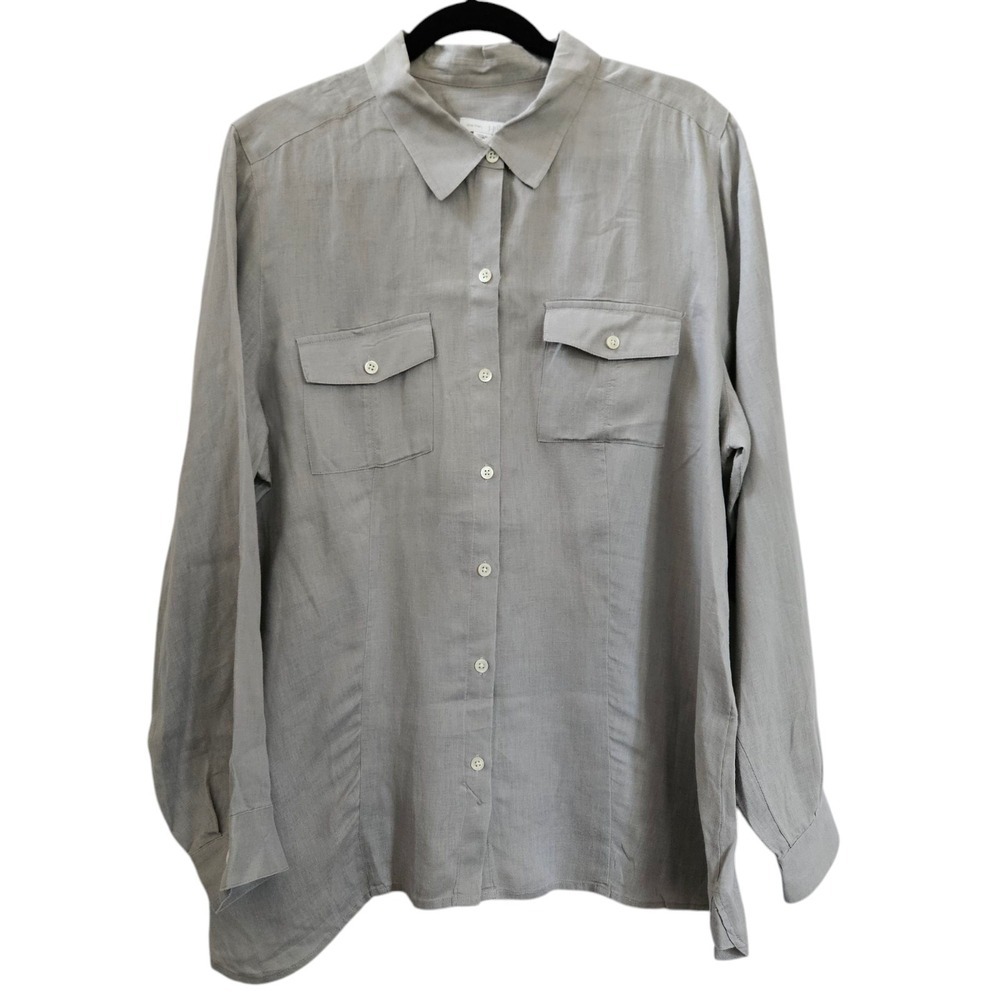 Love Jill Top Women XL Grey 100% Linen Blouse Minimalist Button Up Pocket Beachy